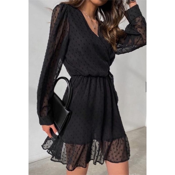 Black SwissDot Side Tie Ruffle Mini Jumpsuit Dress - Picture 6 of 13